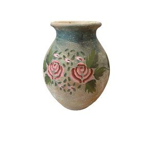 Distressed Shabby 7” Painted Floral Clay Pottery Vase Urn